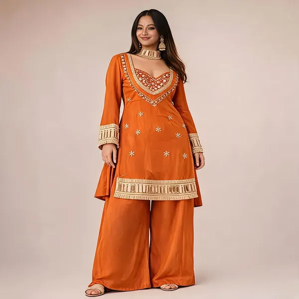 Orange_Silk_Blend_Mirror_Embroidered_Kurta_Palazzo_Set_For_Women