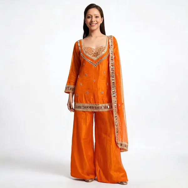 Orange_Silk_Blend_Mirror_Work_Embroidered_Kurta_Set_For_Women