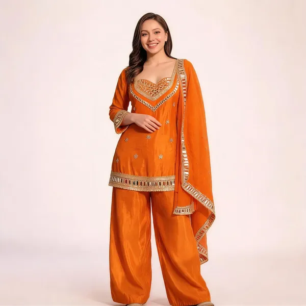 Orange_Silk_Blend_Mirror_Work_Embroidered_Kurta_Set_For_Women