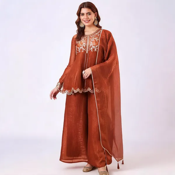 Rust_Orange_Silk_Blend_Straight_Embroidered_Kurta_Set_For_Women