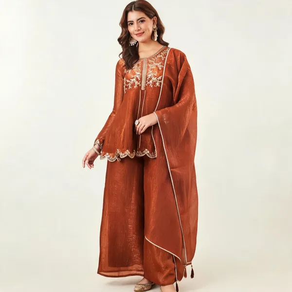 Rust_Orange_Silk_Blend_Straight_Embroidered_Kurta_Set_For_Women
