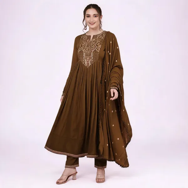 Dark_Green_Chanderi_Anarkali_Embroidered_Kurta_Set_For_Women