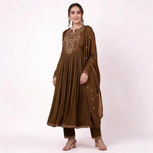 Dark_Green_Chanderi_Anarkali_Embroidered_Kurta_Set_For_Women