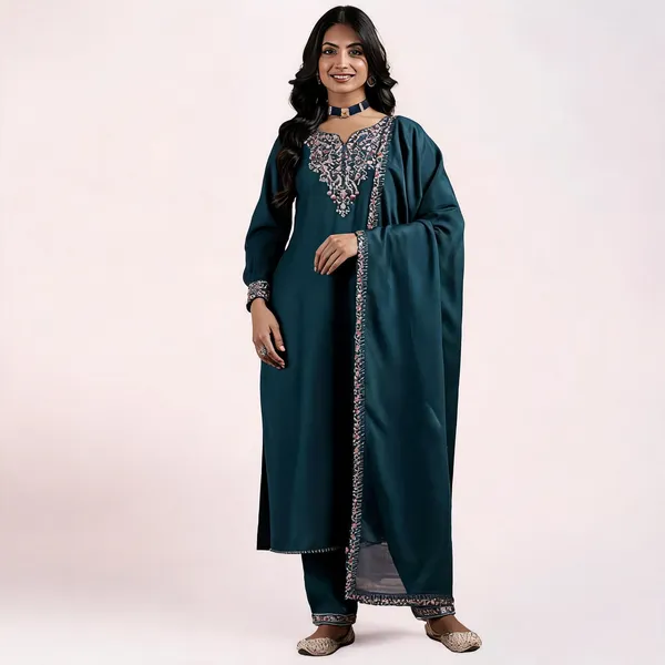 Blue_Vichitra_Straight_Embroidered_Yoke_Kurta_Set_For_Women