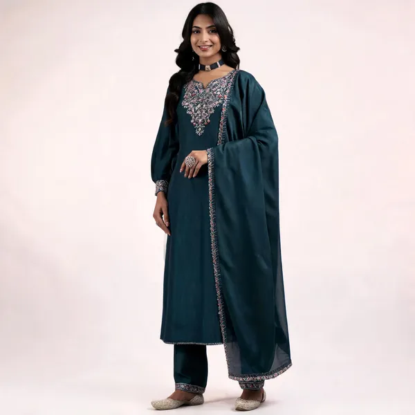 Blue_Vichitra_Straight_Embroidered_Yoke_Kurta_Set_For_Women