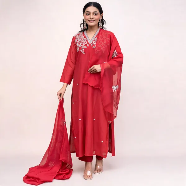 Red_Chanderi_Embroidered_Straight_Kurta_Set_For_Women