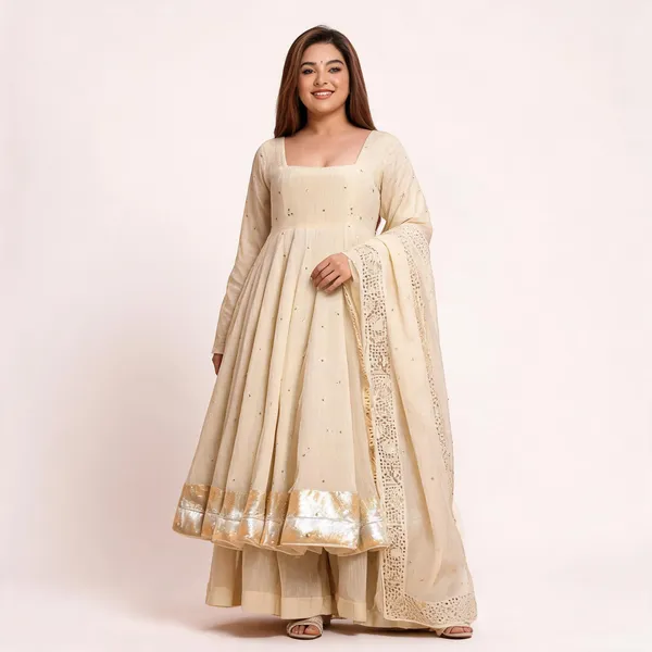 Beige_Chinnon_Anarkali_Foil_Work_Kurta_Set_For_Women