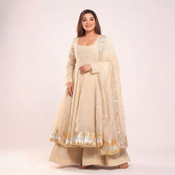 Beige_Chinnon_Anarkali_Foil_Work_Kurta_Set_For_Women