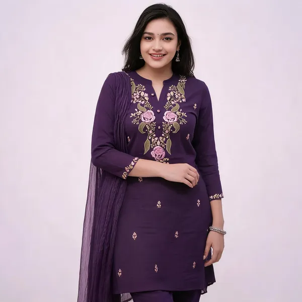 Purple_Cotton_Slim_Fit_Embroidered_Kurta_Set_For_Women