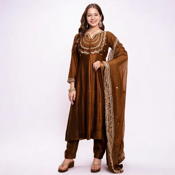 Brown_Vichitra_Silk_Embroidered_Anarkali_Kurta_Set_For_Women