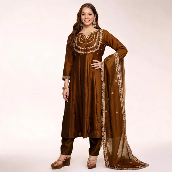 Brown_Vichitra_Silk_Embroidered_Anarkali_Kurta_Set_For_Women