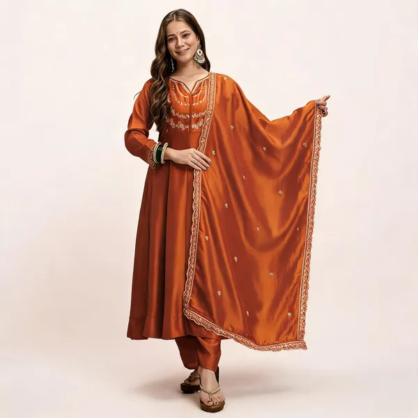 Orange_Vichitra_Silk_Flared_Anarkali_Embroidered_Kurta_Set_For_Women
