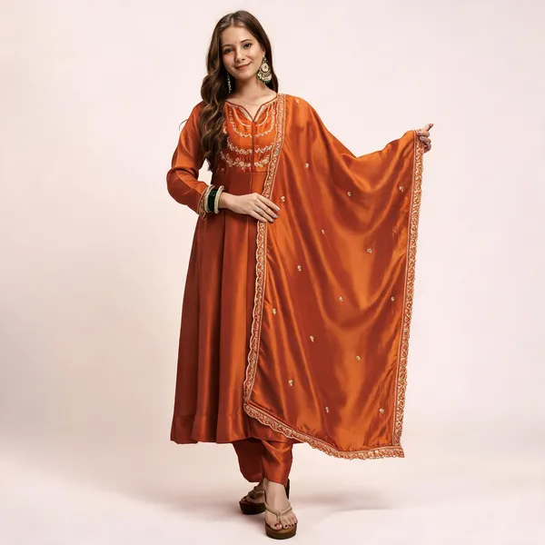 Orange_Vichitra_Silk_Flared_Anarkali_Embroidered_Kurta_Set_For_Women