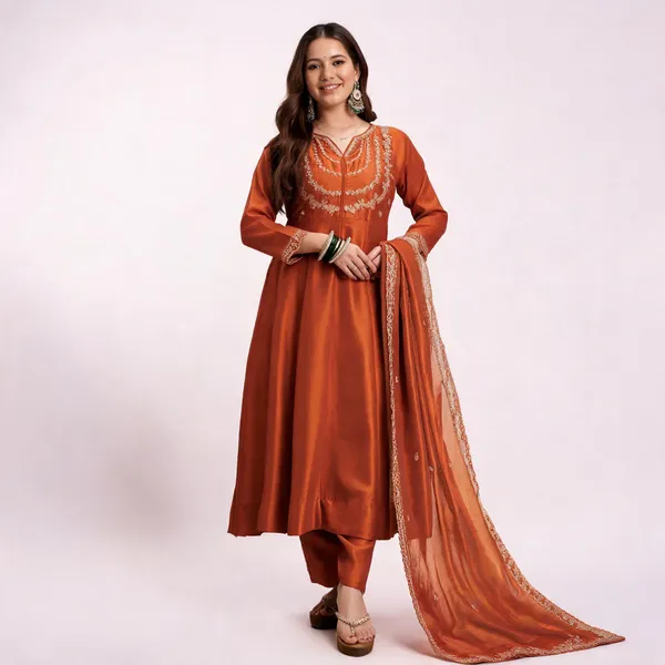 Orange_Cotton_Anarkali_Embroidered_Kurta_With_Bottom_&_Dupatta_For_Women