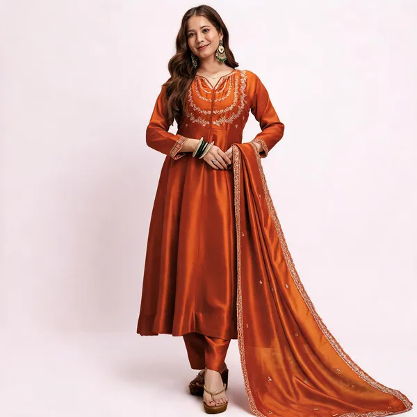 Orange_Cotton_Anarkali_Embroidered_Kurta_With_Bottom_&_Dupatta_For_Women