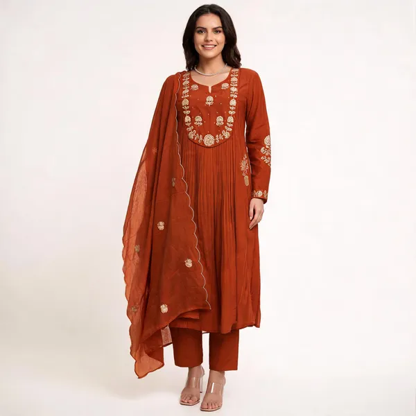 Rust_Chanderi_Silk_Embroidered_Straight_Kurta_Set_For_Women