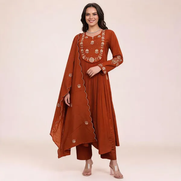 Rust_Chanderi_Silk_Embroidered_Straight_Kurta_Set_For_Women