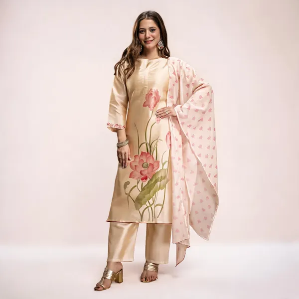 Beige_Silk_Blend_Straight_Floral_Print_Kurta_Set_For_Women