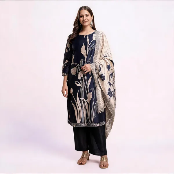 Dark_Blue_Silk_Straight_Floral_Printed_Kurta_Set_For_Women