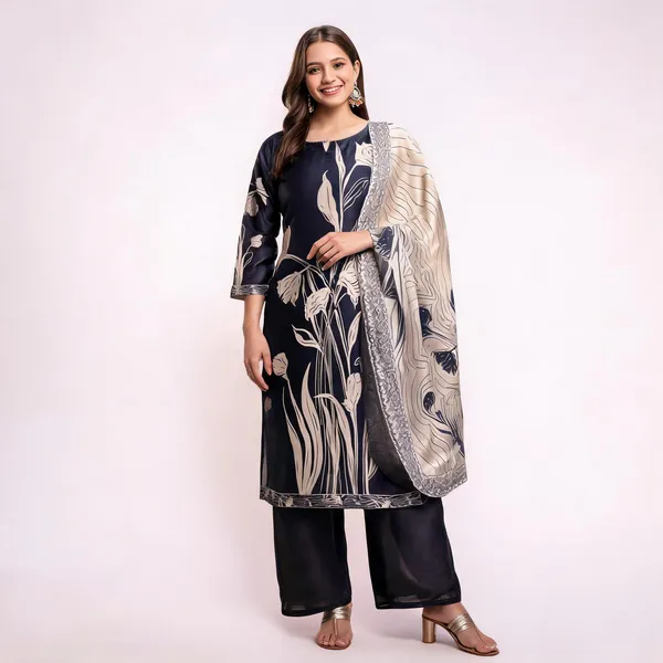 Dark_Blue_Silk_Straight_Floral_Printed_Kurta_Set_For_Women