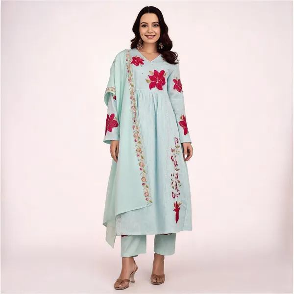 Sky_Blue_Cotton_Butti_Floral_Embroidered_Anarkali_Kurta_Set_For_Women