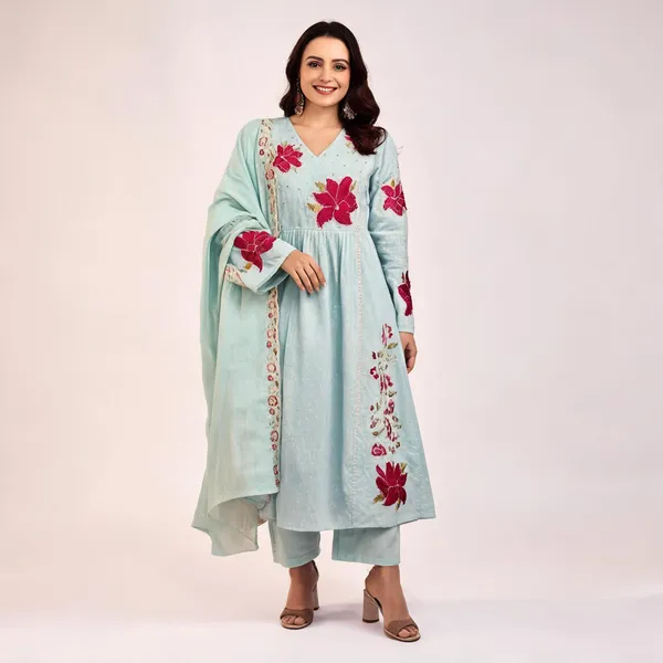 Sky_Blue_Cotton_Butti_Floral_Embroidered_Anarkali_Kurta_Set_For_Women