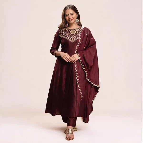 Coffee_Vichitra_Silk_Anarkali_Embroidered_Kurta_Set_For_Women