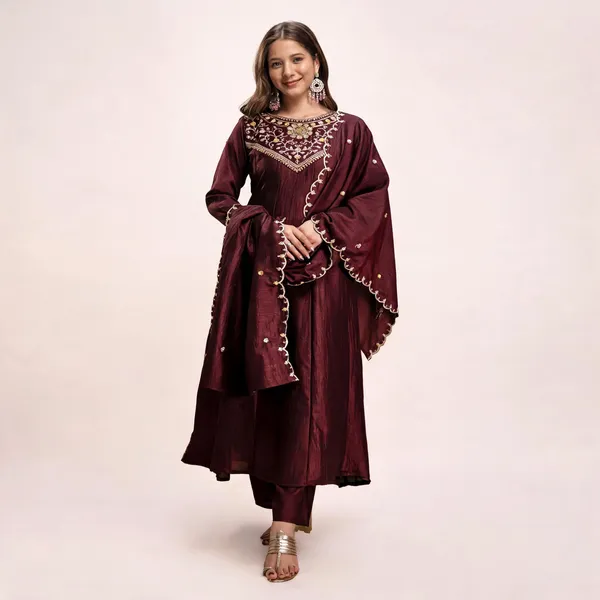 Coffee_Vichitra_Silk_Anarkali_Embroidered_Kurta_Set_For_Women