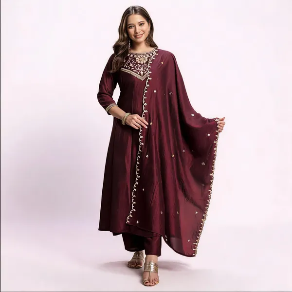 Brown_Vichitra_Silk_Straight_Embroidered_Kurta_Set_For_Women