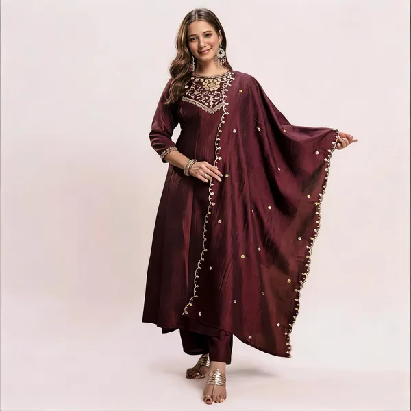 Brown_Vichitra_Silk_Straight_Embroidered_Kurta_Set_For_Women