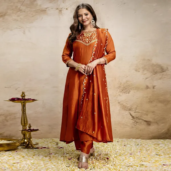 Orange_Vichitra_Silk_Embroidered_Anarkali_Kurta_Set_For_Women
