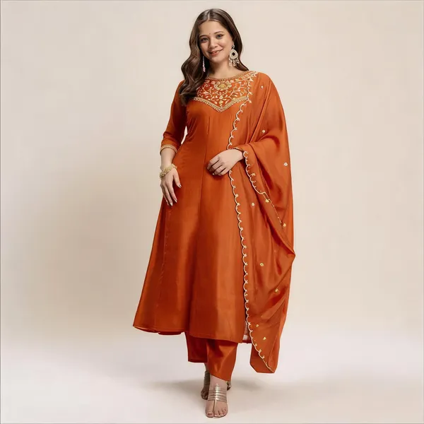 Orange_Vichitra_Silk_Embroidered_Anarkali_Kurta_Set_For_Women