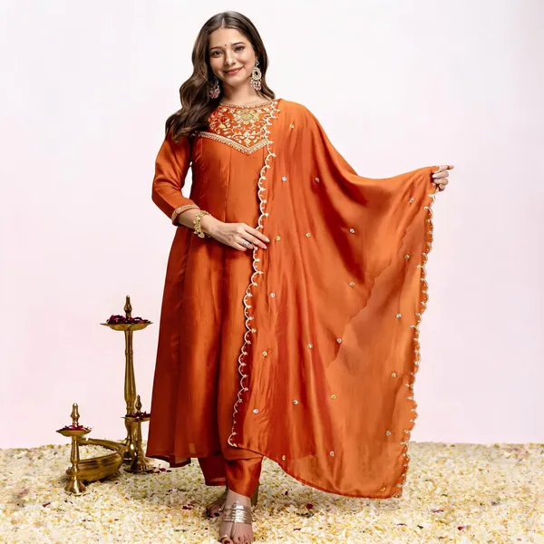 Orange_Cotton_Printed_Kurta_Trouser_Dupatta_Set_For_Women
