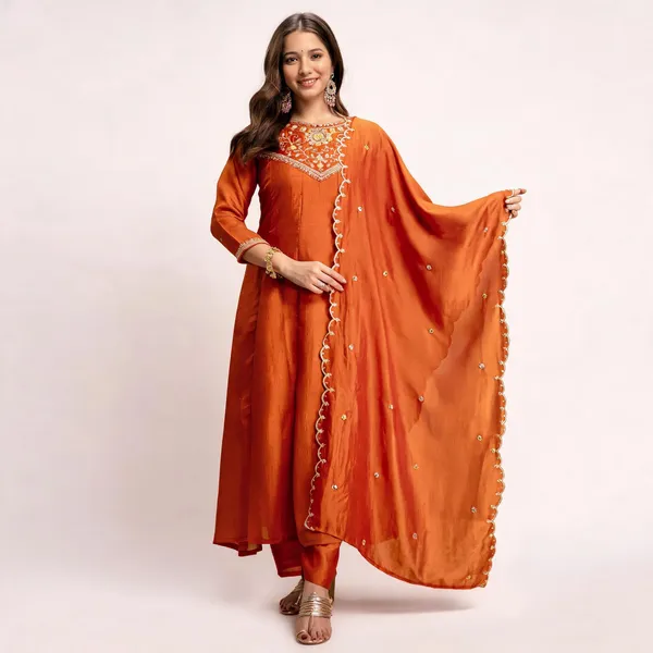 Orange_Cotton_Printed_Kurta_Trouser_Dupatta_Set_For_Women