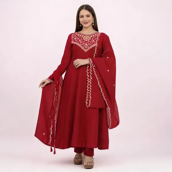 Red_Cotton_Anarkali_Embroidered_Kurta_Set_For_Women