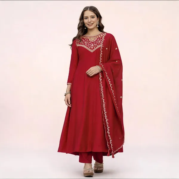 Red_Cotton_Anarkali_Embroidered_Kurta_Set_For_Women