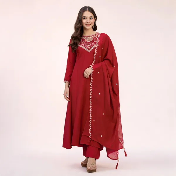 Red_Vichitra_Silk_Straight_Embroidered_Kurta_Set_For_Women