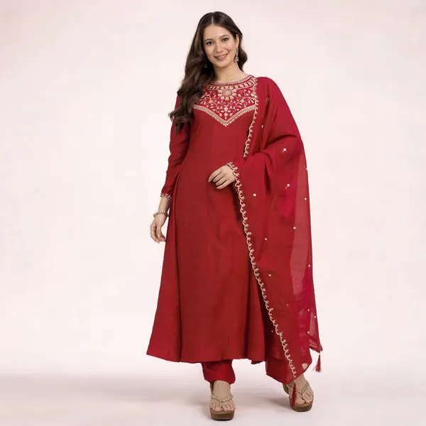 Red_Vichitra_Silk_Straight_Embroidered_Kurta_Set_For_Women