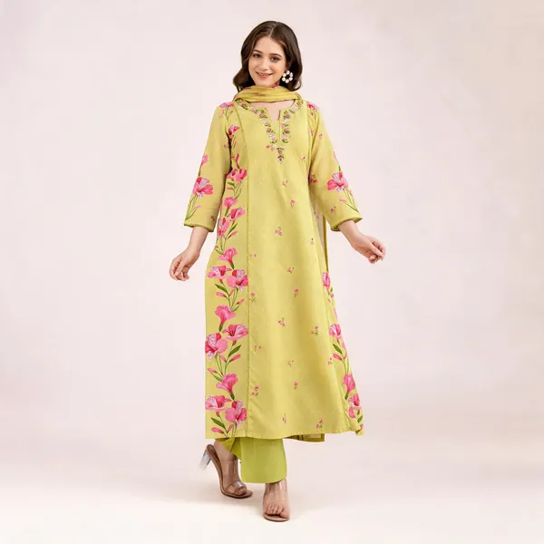 Yellow_Cotton_Embroidered_Kurta_With_Pant_&_Dupatta_For_Women