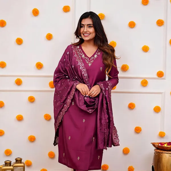 Wine_Chanderi_Embroidered_Straight_Kurta_Set_For_Women