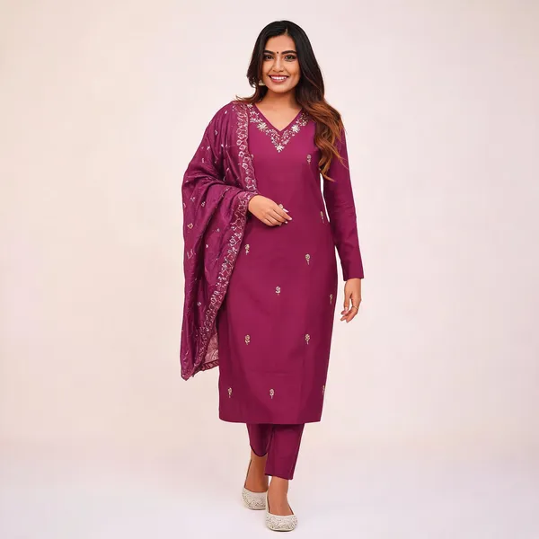 Wine_Chanderi_Embroidered_Straight_Kurta_Set_For_Women