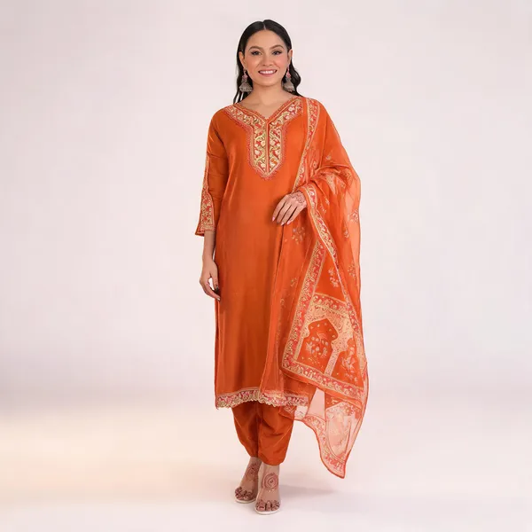 Gold_Cotton_Printed_Kurta_With_Pant_&_Dupatta_For_Women