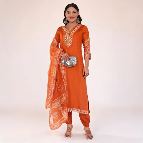 Gold_Cotton_Printed_Kurta_With_Pant_&_Dupatta_For_Women
