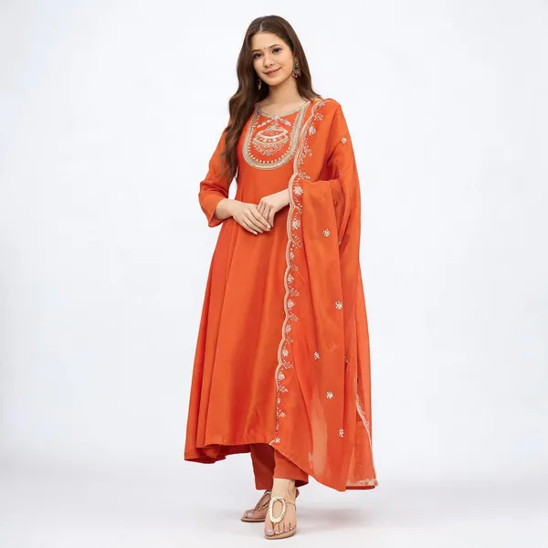 Orange_Vichitra_Silk_Embroidered_Anarkali_Kurta_Set_For_Women