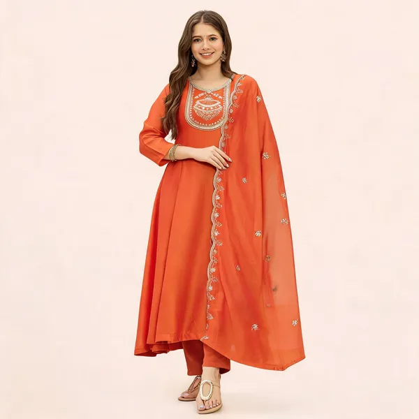 Orange_Vichitra_Silk_Embroidered_Anarkali_Kurta_Set_For_Women