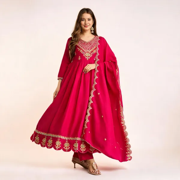 Pink_Vichitra_Silk_Embroidered_Anarkali_Kurta_Pant_Dupatta_Set_For_Women