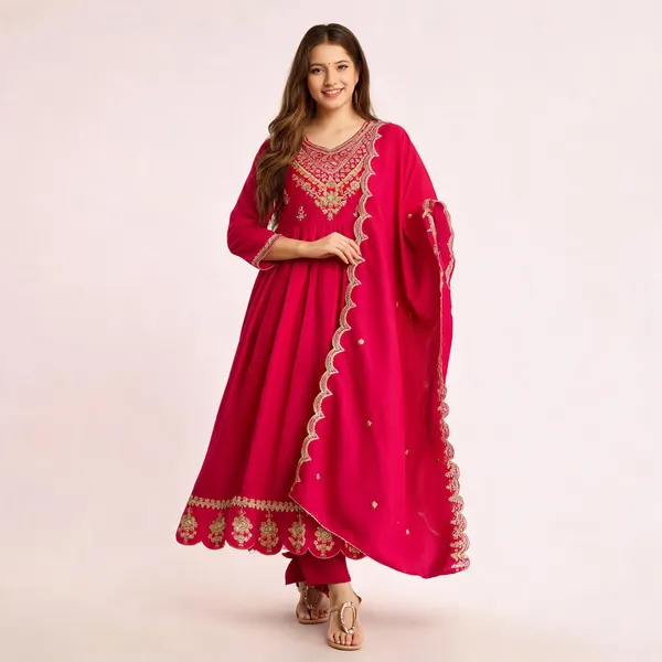 Pink_Vichitra_Silk_Embroidered_Anarkali_Kurta_Pant_Dupatta_Set_For_Women