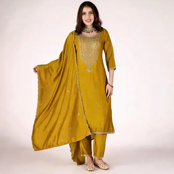 Yellow_Vichitra_Straight_Embroidered_Kurta_Set_For_Women