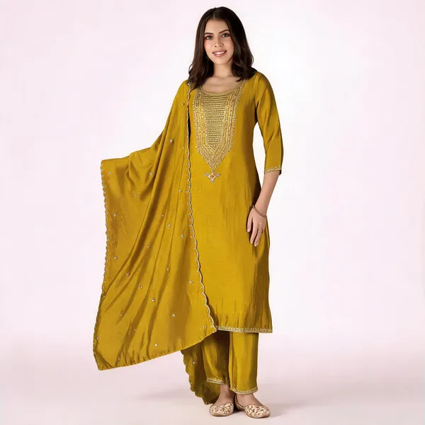 Yellow_Vichitra_Straight_Embroidered_Kurta_Set_For_Women