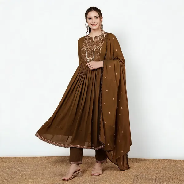 Dark_Green_Chanderi_Anarkali_Embroidered_Kurta_Set_For_Women